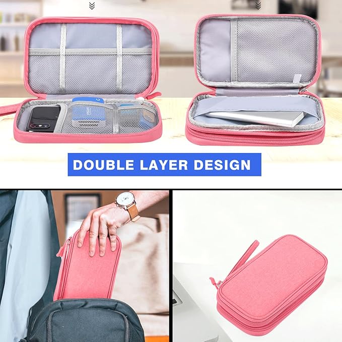 Travel Electronics Organizer, Waterproof Cable Organizer Bag, Accessories Storage Case Pouch for Cable, Cord, Charger, Phone, Power Bank, Earphone (Dark Pink, Medium)