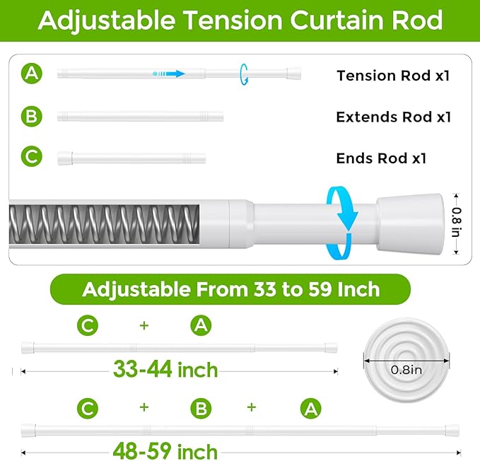 Spring Tension Rods 33-59 Inches Adjustable White No Drill Spring Loaded Curtain Rod Small Short Tension Curtain Rod Expandable Tension Rod for Windows,Kitchen,Doorway,Bathroom,Cupboard Bars