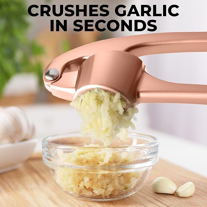 Zulay Kitchen Large Premium Garlic Press Set - Bigger Bowl for Bigger Garlic - Rust Proof & Dishwasher Safe Garlic Mincer Tool - Easy-Squeeze, Easy-Clean Silicone Garlic Peeler & Brush (Rose Gold)