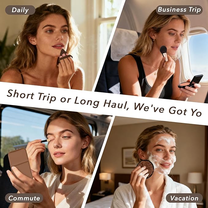 Travel Makeup Brush Set, 77Pcs Mini Makeup Kit Synthetic Foundation Concealers Eye Shadows Brushes Powder Puff with Eyelash Curler Eyebrow Razor Comb Mirror Hair Clips Cosmetic Bag (Brown)