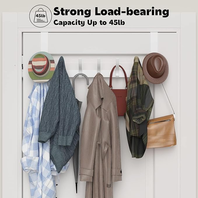 Peasulin Over The Door Hooks, Sturdy Door Hanger, Large Over The Door Towel Rack with 12 Hooks, Heavy Duty Easy to Install, for Bathroom, Bedroom，Kitchen，Hanging Towels, Coats (White)