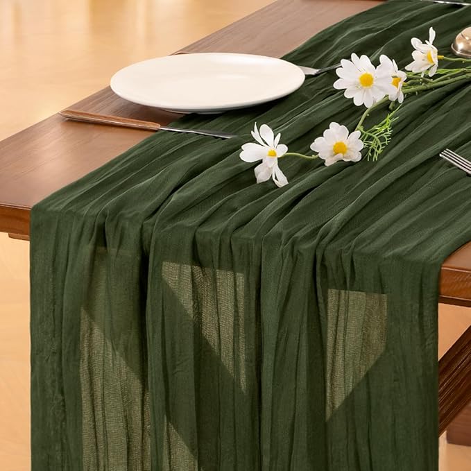Socomi 6pcs Olive Green Cheesecloth Table Runner Boho Rustic Gauze 120 inch 10FT Cheese Cloth Sheer Runner for Wedding Party Baby Shower Birthday Home Decor