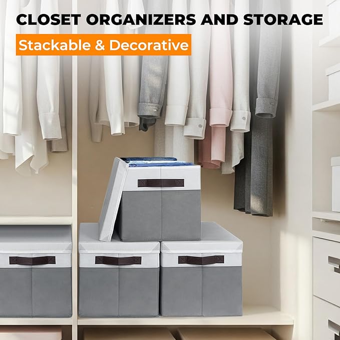 Extra Large Storage Baskets with Lids 8 Pack, 33 QT Blanket Basket for Organizing/ Stackable Decorative Closet Organizers and Storage Box for Clothes Towels/ Toy Organizer Bins with Handles/ 16x12