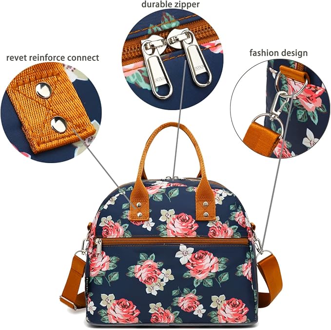 FlowFly Insulated Lunch Bag With Shoulder Strap for Women, Men, and Kids, Large and Reusable, Handle, Freezable Work and School Travel Tote and Meal Prep Organizer, Peony