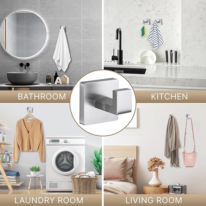 Fenas Towel Hooks for Bathrooms Robe Hook Coat Hook 4 Pack Brushed Nickel Stainless Steel Heavy Duty Wall Mounted Square Hooks for Bathroom Kitchen Bedroom