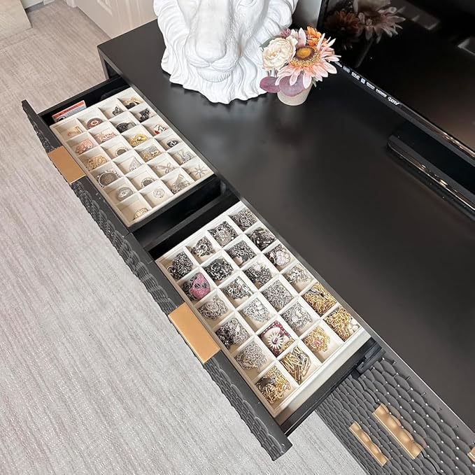 Coward 2PC Stackable 24 Grid Jewelry Organizer Tray Necklace Earring Box Storage Drawer Ring Bracelet Display Holder (beige(24grid+24grid))