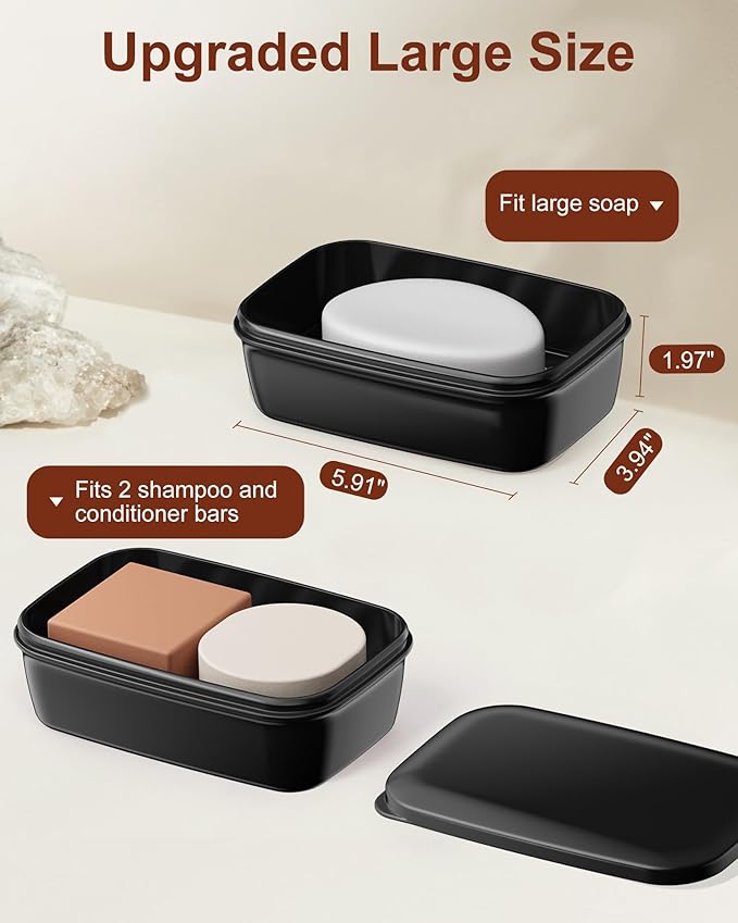 Quatish Leakproof Large Soap Dish with Lid & Draining Layer, Shatterproof Travel Bar Soap Holder Case Container, Portable Travel Size Toiletries Essentials for Camping, Gym, Bathroom, Black