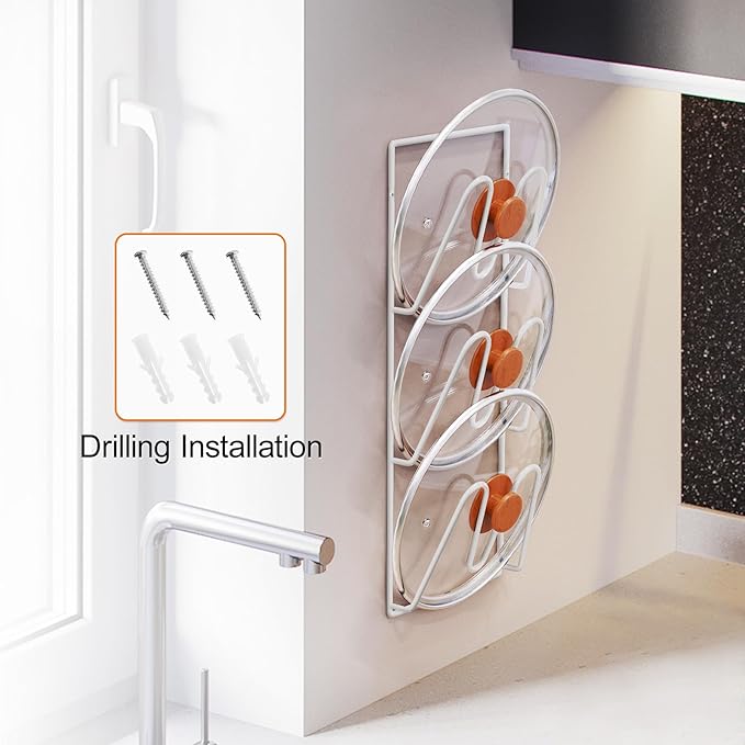 2 Pack Pot Lid Organizer Rack, 6-Tier Pot Lids Holder for Cabinet Door/Wall, No Drilling Adhesive Wall/Door Mounted Rustproof Pot and Pan Cover for Kitchen Storage, White