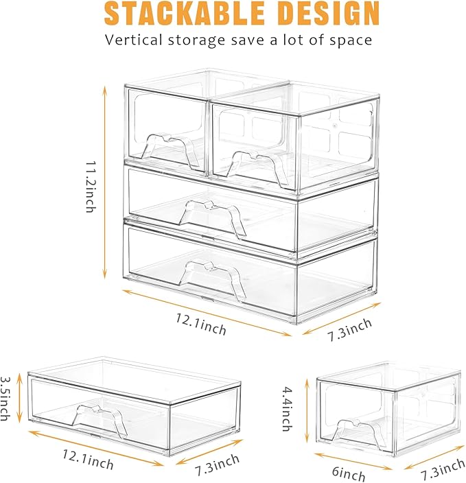 Stebopum 6 Pack Stackable Storage Drawers, Clear Acrylic Organizer, Makeup Bathroom Organizer and Storage Bins for Beauty Supplies, Ideal for Vanity, Bathroom, Pantry Organization