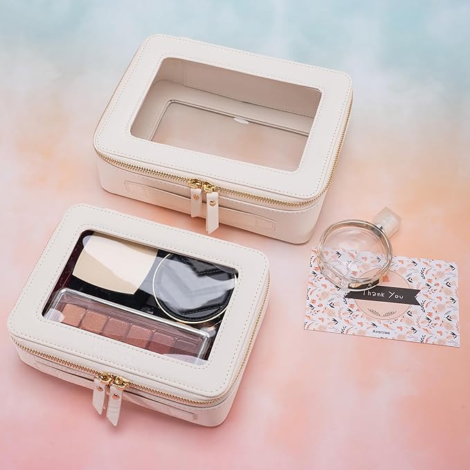 Aveniee Clear Makeup Bag Organizer Set, Portable Travel Toiletry Case for Women, Vegan Leather Cosmetic Pouch Carry Bag for Essentials, 2pcs, Middle & Large, Beige