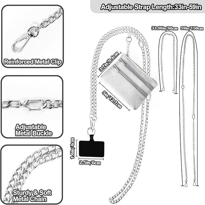 XANGNIER Clip and Go Strap for Phone with Wallet Crossbody, Phone Strap with Zippered Wallet, Adjustable Anti-Theft Cellphone Lanyard for Women, Cellphone Chain Accessories, Chain Silver