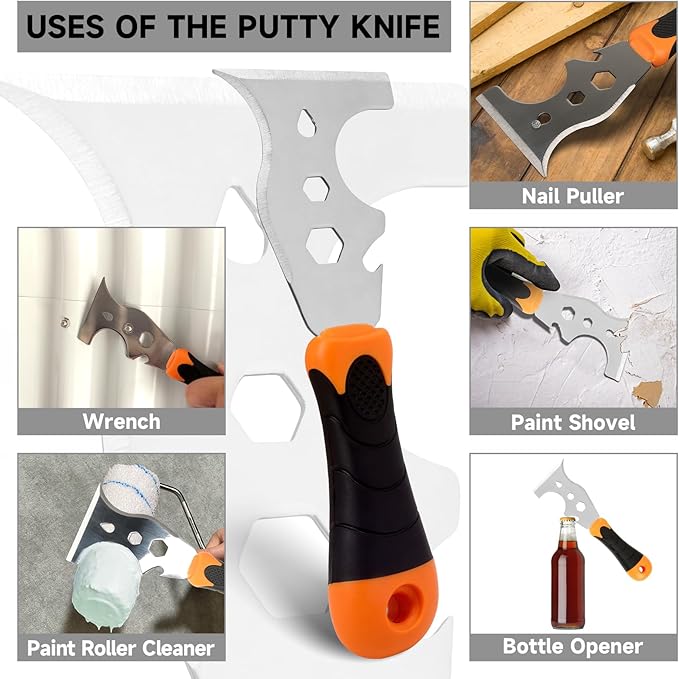 WEGAZ-2 Pack, 12-In-1 Paint Scraper Tool，Multi-Use Painters Tool, 1.5 Inch Stainless Steel Putty Knife Scraper，Paint Scraper for Painting & Wood，Razor Blade Scraper