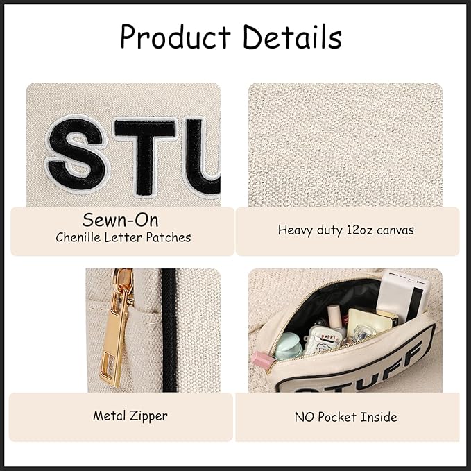 uekeboag Canvas Chenille Letter Stuff Makeup Bag,Small Travel Washable Organizer Bag for Purse with Zipper, Cute Personalized Preppy Cosmetic Bag For Women and Girls(01Black-Stuff)