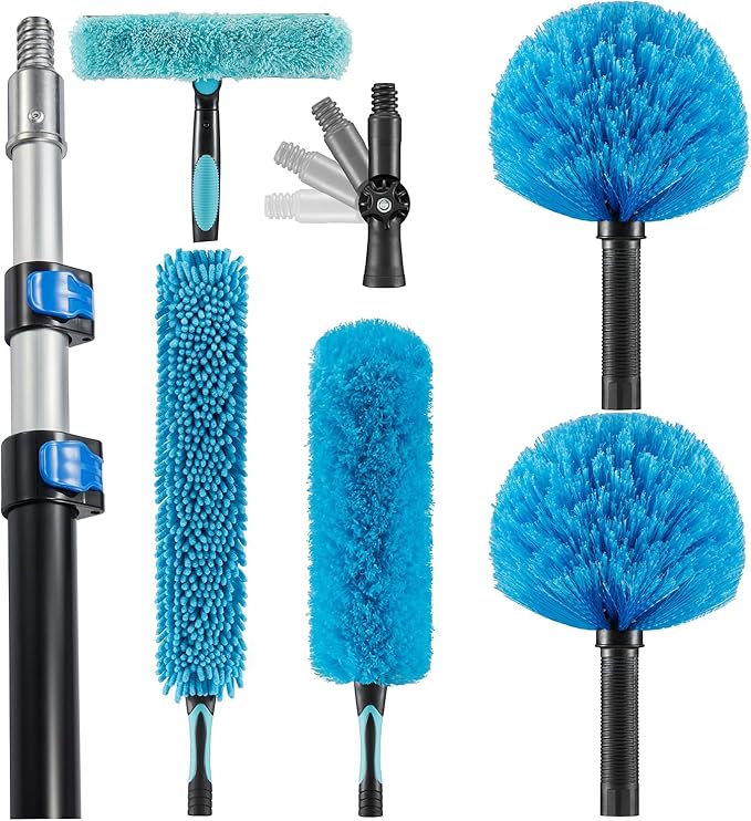 Hicavar 30 Foot High Ceiling Fan Duster with 6-24 Foot Extension Pole, Extendable Reusable Cobweb, Feather, Window Cleaning Squeegee Kit