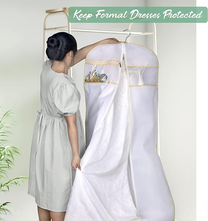MISSLO 70" Bridal Wedding Gown Dress Garment Bag with Accessories Pouch Large Travel Garment Cover 8" Gusset (White)