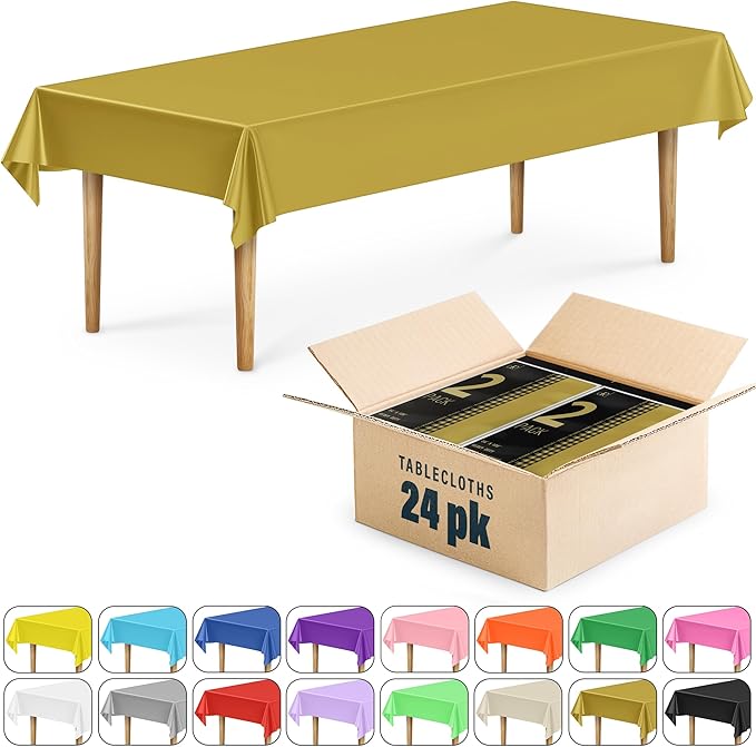 DecorRack 24 Pack Rectangular Tablecloths BPA-Free Plastic, 54 x 108 inch, Dining Table Cover Cloth for Parties, Picnic, Camping and Outdoor, Disposable or Reusable in Gold (24 Pack)