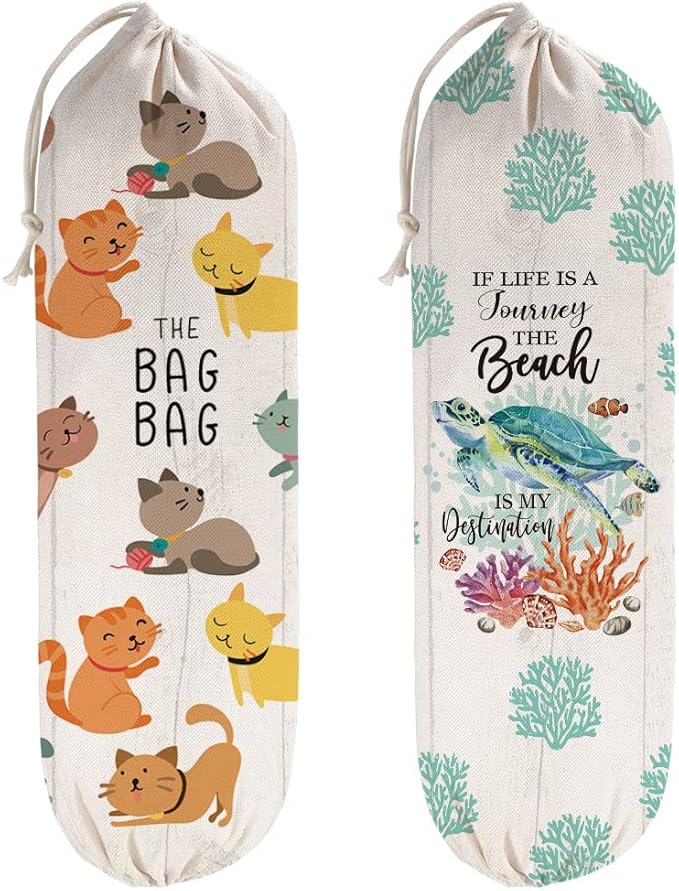 2Pcs Cat Plastic Bag Holder for Kitchen Essentials, Reusable Hanging Grocery Bag Organizer, Washable Large Grocery Trash Bags Storage Dispenser