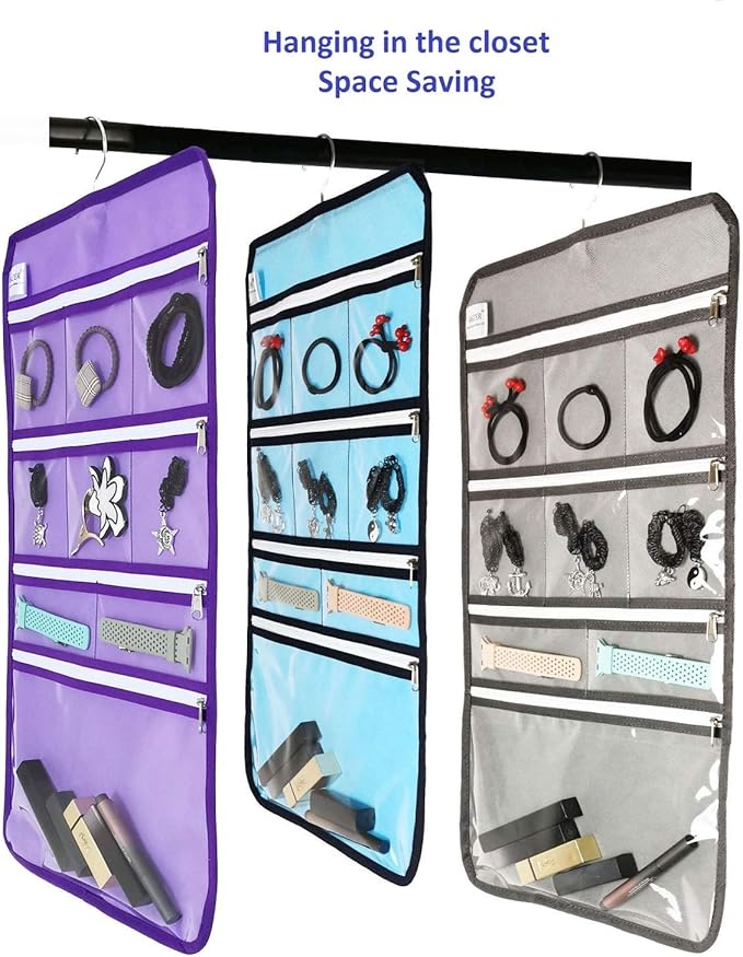 Travel Foldable Jewelry Rolls Bag Hanging Jewelry Organizer with 9 Zippered Clear Pockets Storage Pouch with Rotatable Hanger (PURPLE)