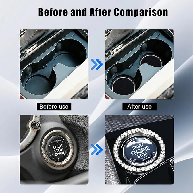Bling Car Cup Holder Coaster, Anti-Slip Rhinestone Cup Holder Insert (4 Pack) with Push Start Button Cover Button Ring (2 Pack), Shiny Diamond Car Interior Accessories for Women (Black)