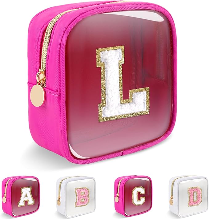 Personalized Initial Letter Clear Preppy Makeup Bag, Mini Nylon Chenille Letter Cosmetic Bag Cute Zipper Pouch Coin Purse for Teen Girls, Portable TSA Approved Travel Essentials Bag Gift for Women, L