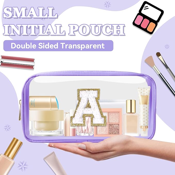 Small Clear Personalized Initial Makeup Bag,Nylon Preppy A-Z Chenille Letter Patch Cosmetic Pouch Beach Toiletry Bag,Waterproof Zip Travel Purse Storage Bag Organizer for Women Girls(Purple-White A)