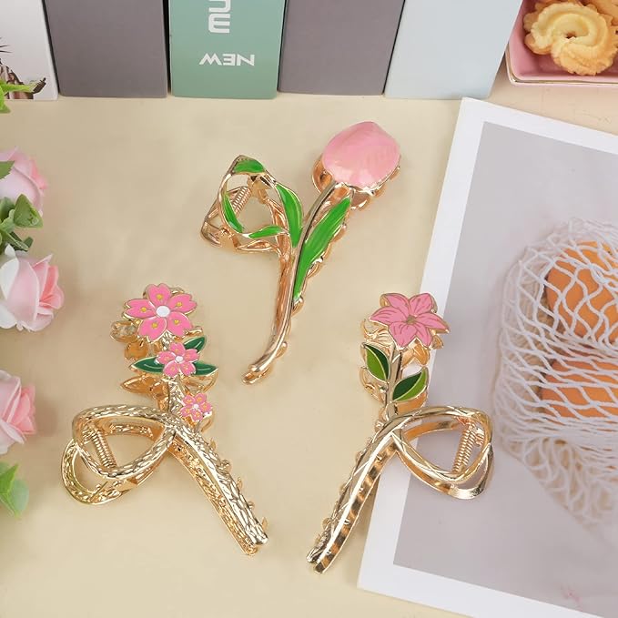 3-Piece Flower Metal Hair Accessories: Pink Tulip Hair Claw, Elegant Lily Floral Barrettes, Strong Hold Non-Slip Cute Orchid Hair Clips for Thin/Medium Thick Hair