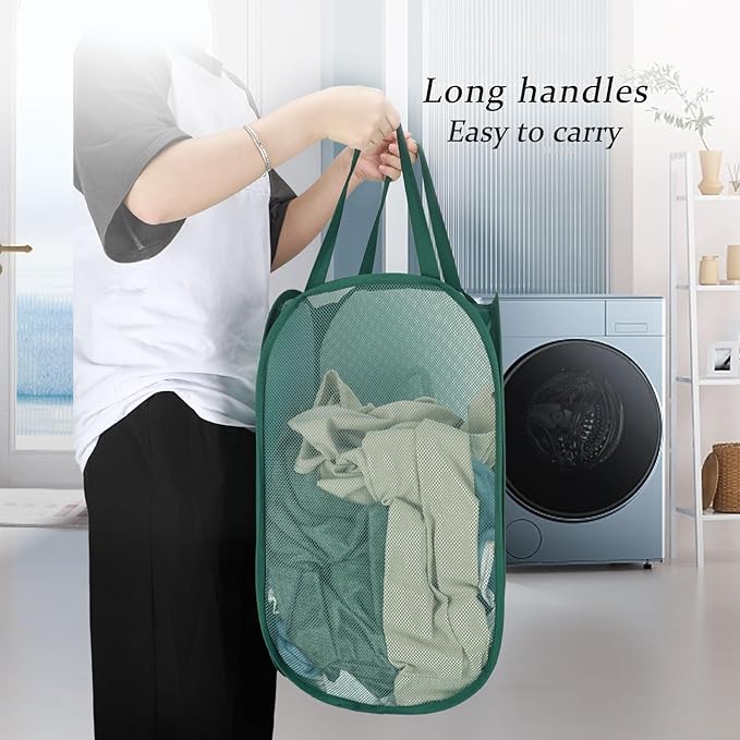 Upgraded 100L Extra Large Mesh Pop Up Laundry Basket With Handles, Light Breathable, Fold Compact, Large Hold Portable Foldable Dirty Clothes Basket For Bedroom, Laundry Room, Dorm, Hotel, Green.V