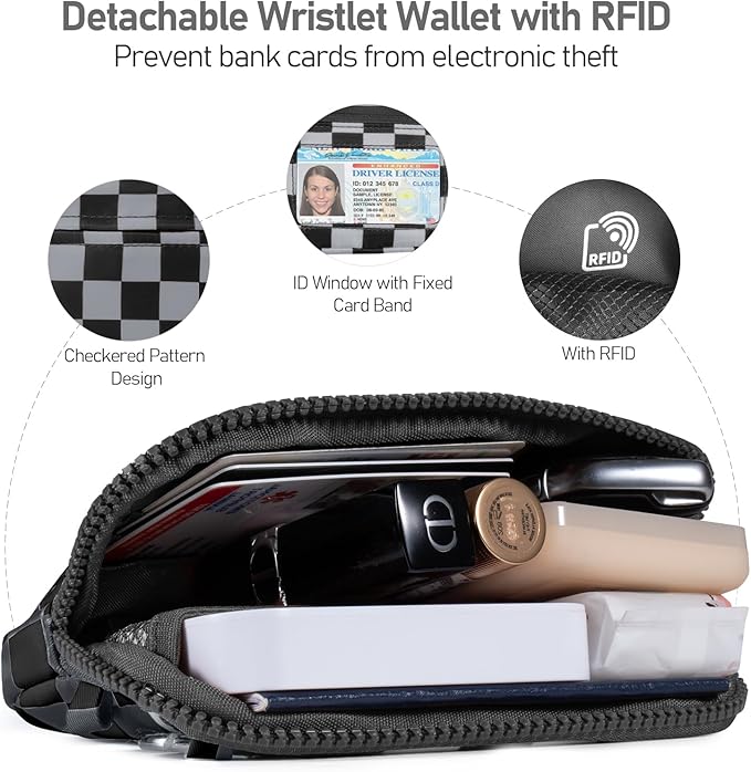 Clip and Go Strap for Phone with Wallet Crossbody Phone Lanyard and Detachable Checkered Bag with ID Window and RFID Pouch for Daily Travel.