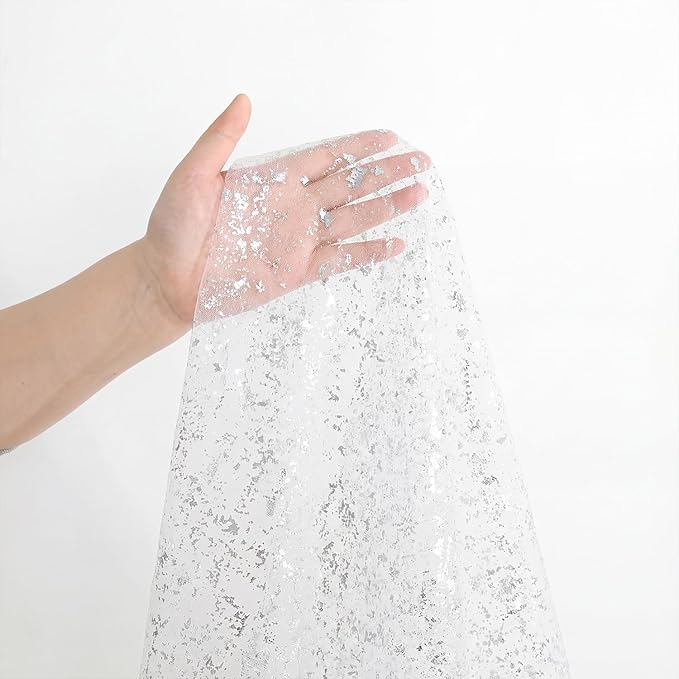 Horaldaily White Silver Gauze Tablecloth 60x60 Inch Round, Silver Sequin Glitter Metallic Foil, Sheer Tulle Cheesecloth for Wedding Baby Shower Ceremony Birthday