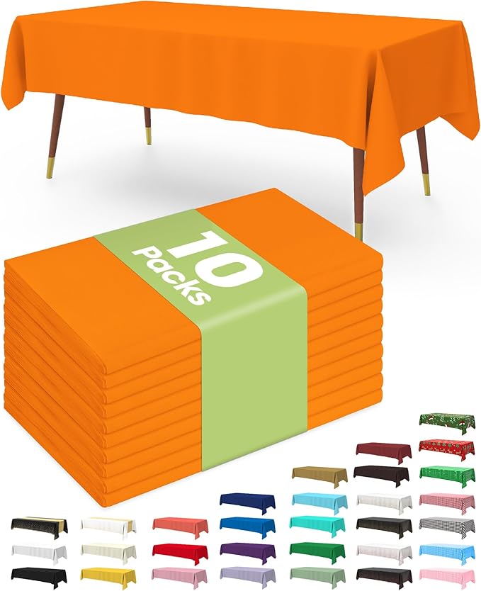 Pureegg Plastic Table Cloth Disposable 10 Pack, 54 x 108 Inch Table Cloths, St Patricks Day, Christmas Decorations, Tablecloths, Rectangle, Forest, Plastic Cover, Leakproof & Sturdy, Orange