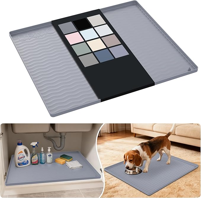 URMONA Waterproof Silicone Under Sink Mat 25'' x 22'' Shelf Liner for Kitchen and Bathroom, Cabinet and Counter Protector, Storage and Organizers, Litter Mat, Pet Cat Puppy Essentials(Light Grey)