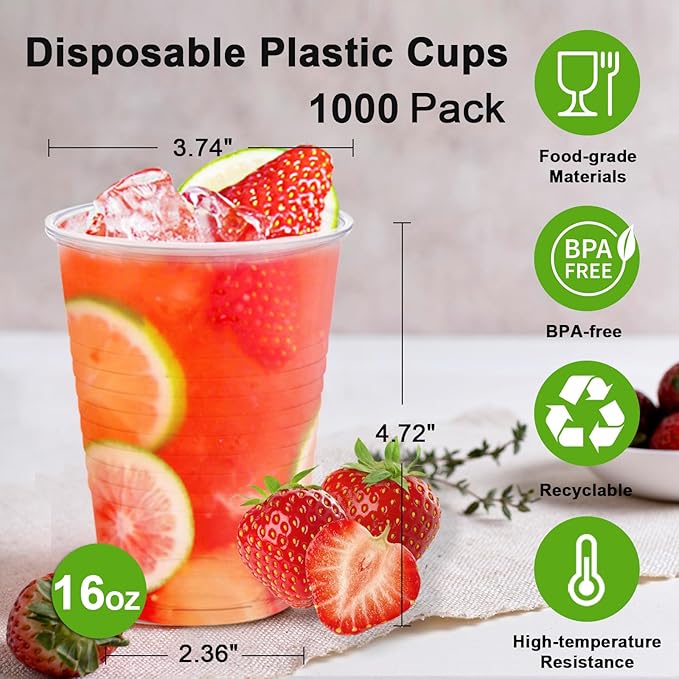 Lamosi 1000 Count 16 oz Plastic Cups, Disposable Clear Plastic Drinking Cups Bulk for Party, Events