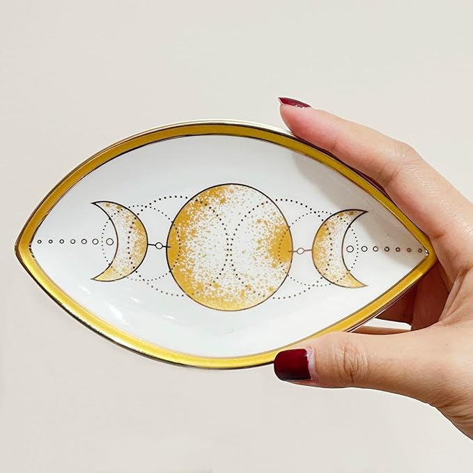 Exquisite Small Ceramic Jewelry Tray - Trinket Dish Evil Eye Decor, Gold Plate Ring Holder, Modern Boho Home Essentials, Perfume Organizer, Witchy, Aesthetic Room Decor (Moon)