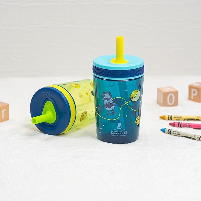 Zak Designs St. Jude Kelso Toddler Tumblers For Travel or At Home, 15oz 2-Pack Durable Plastic Sippy Cups With Leak-Proof Design is Perfect For Kids (Space and Smiles)
