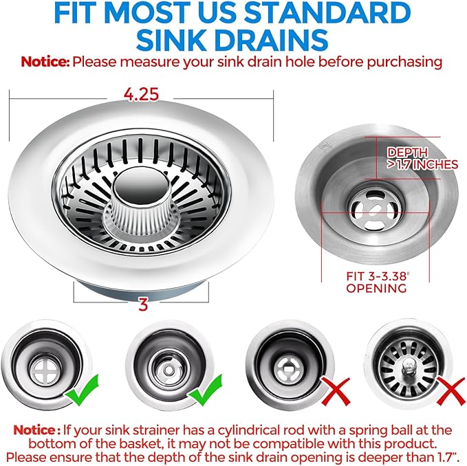 zaa Kitchen Sink Drain Strainer - Kitchen Sink Stopper,Stainless Steel Kitchen Drain Plug & Sink Installation Parts with Anti-Clogging Basket, Fit US Standard 3-1/2'' Sink Drain Hole