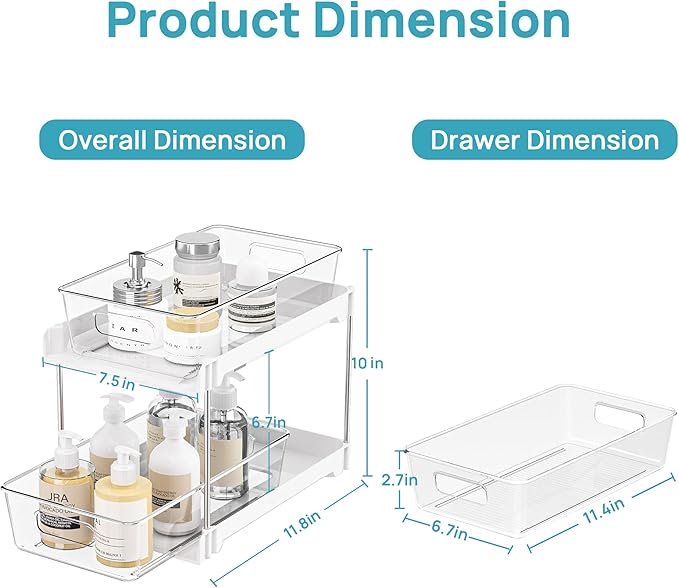 Vtopmart 2 Pack Bathroom Organizer, 2 Tier White Under Sink Organizers Vanity Countertop Storage Container, Cabinet Drawers Bins, Pull-Out Organization with Track for Pantry, Kitchen
