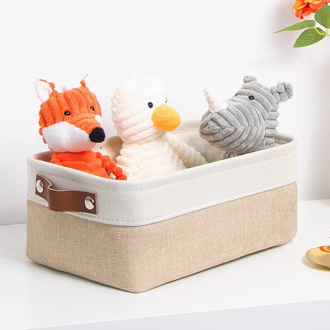 DULLEMELO Small Collapsible Fabric Basket for Organizing, Shelves, Closets, Laundry, Nursery, Decorative Gift Basket (White&Khaki)