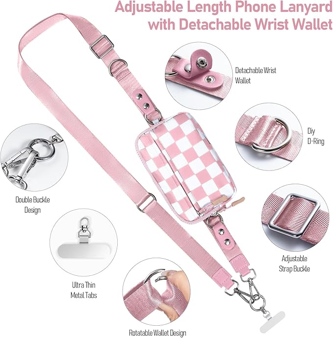 Clip and Go Strap for Phone with Wallet Crossbody Phone Lanyard and Detachable Checkered Bag with ID Window and RFID Pouch for Daily Travel.