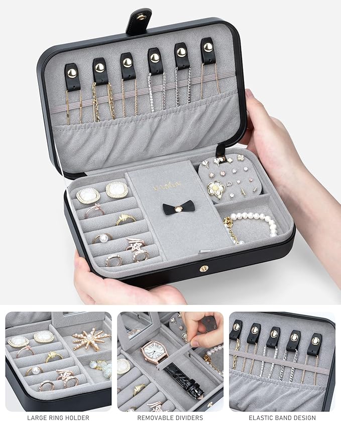 Travel Jewelry Organizer with Mirror Portable Case Small Jewellery Box Gift for Women for Earrings Rings Necklaces, Black A-1