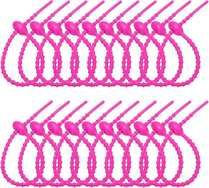 PATIKIL 8 Inch Silicone Cable Ties, 20pcs Rubber Reusable Twist Zip Ties Organizer for Home Office Kitchen Food bags Wires Adjustable Bag Clip, Rose Red
