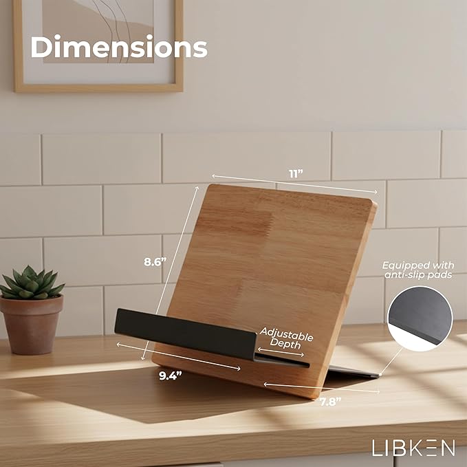 Wooden Book Stand for Reading & Kitchen – Adjustable Cookbook Holder Stand – Rubberwood & Metal Recipe Book Holder – Tablet & Smartphone Stand – Minimal Scandinavian Design - Black