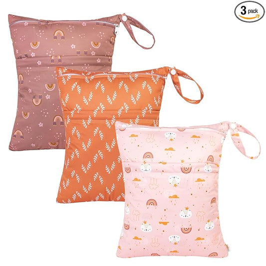 babygoal Wet Dry Bags for Baby Cloth Diapers, Washable Travel Bags, Beach, Pool, Gym Bag for Swimsuits & Wet Clothes with Two Zippered Pockets 3 Pack, 3LN15