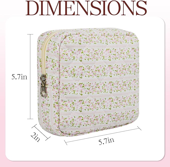 Small Floral Quilted Makeup Bag, Coquette Aesthetic Travel Toiletry Organizer for Women, Lightweight Cotton Cosmetic Pouch