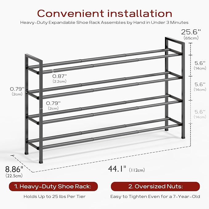 Bumusty 4-Tier Long Expandable Shoe Rack for Closet, 18"-44" Adjustable Shoe Rack for Small Space, Small Shoe Organizer for Front Door, Sturdy Metal, Grey