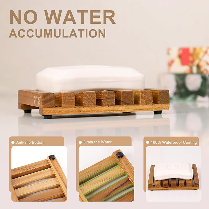 2PCS Slotted Bar Soap Holder Teak Wood by HTB, Kitchen Wooden Sponge Holder, Self Draining Soap Dish for Shower, Sink, Bathroom, Bathtub, RV