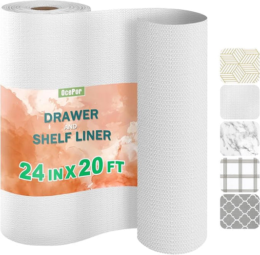 OcePor Non-Adhesive Drawer and Shelf Liner 24IN x 20FT，Non Slip Cabinet and Cupboard Liner, Kitchen Cabinet Liners for Shelves, Waterproof Drawer Shelf Liners for Cabinets/Bathroom Cupboard, White