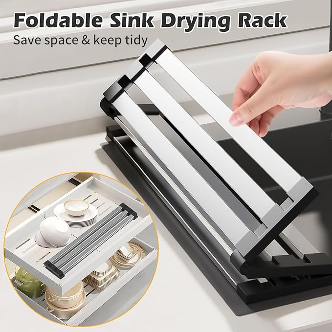 13.8"*12.8" Foldable Dish Drying Rack Thickened & Widened Over Sink Dish Drying Rack High-Temperature Resistant Removable Sink Storage Rack 304 Stainless Steel Drainer for Kitchen and Rv sink