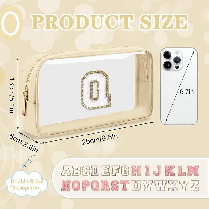 Small Clear Personalized Initial Makeup Bag, Preppy Nylon A-Z Chenille Letter Patch Makeup Organizer TSA Approved Travel Toiletry Bag,Waterproof Zip Beach Cosmetic Pouch Purse for Women(Beige-White Q)