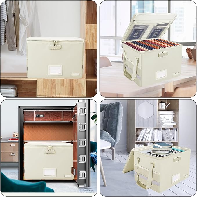 ENGPOW File Box with Lock, Fireproof Document Box with Zipper Lid, Collapsible File Storage Organizer Filing Cabinet with Handles, Portable Home Office Safe for Hanging Letter/Legal Folders, Beige, 2 Pack
