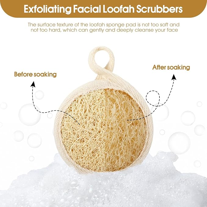 Exfoliating Loofah Sponge Pads Face loofa Brush 6 Pack 3.15 inches Made of 100% Natural Luffa Body and Facial Scrub Pad Personal Care Close Skin for Men and Women for Bath Spa and Shower